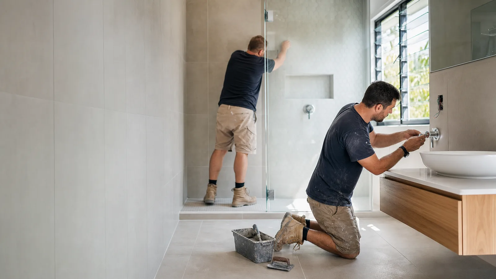 Tradespeople fitting a frameless shower screen and basin tapware in a newly tiled bathroom with a timber vanity